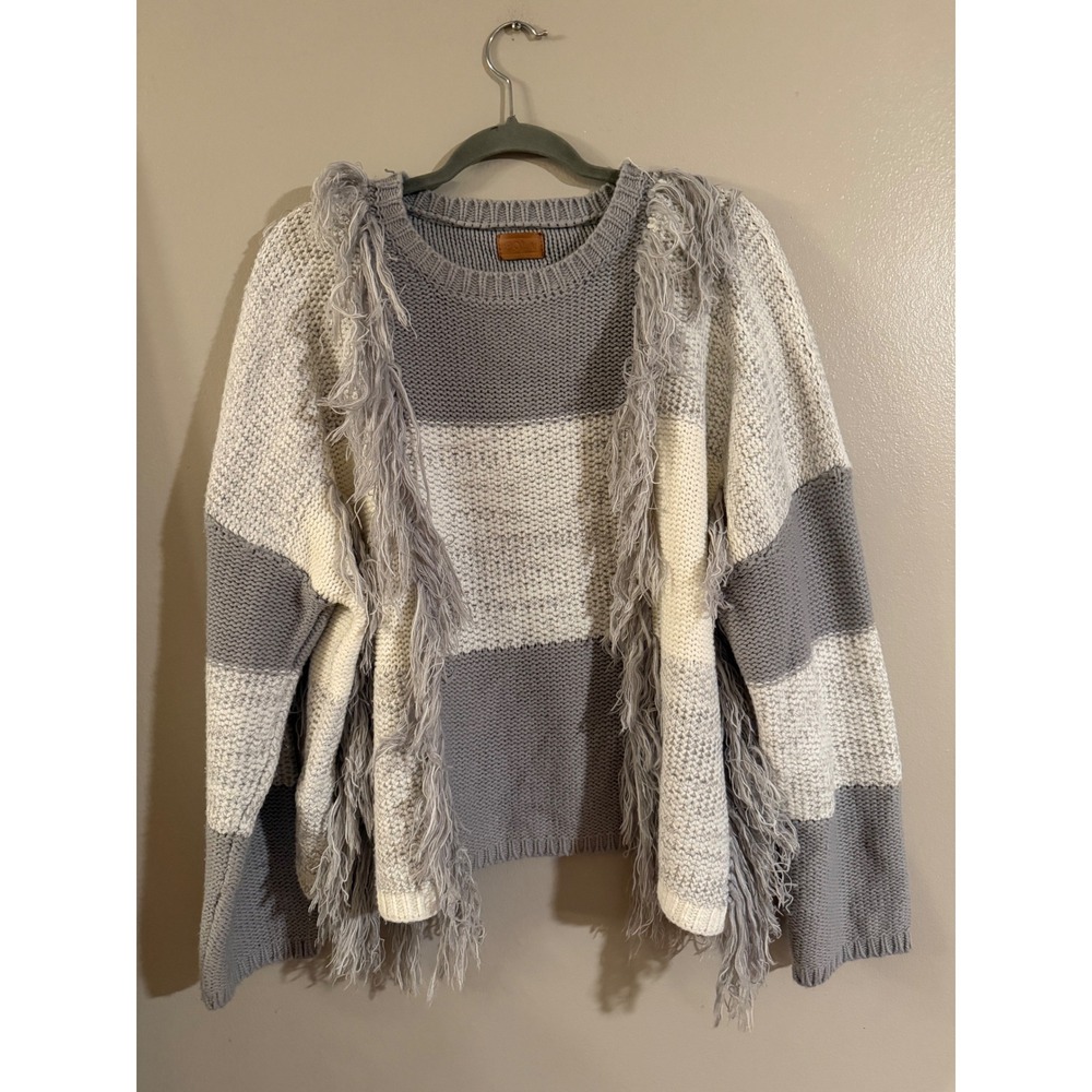 Polly Grey Cream Colorblock Fringe Shaggy Knit Sweater JUF39 Boho Pullover